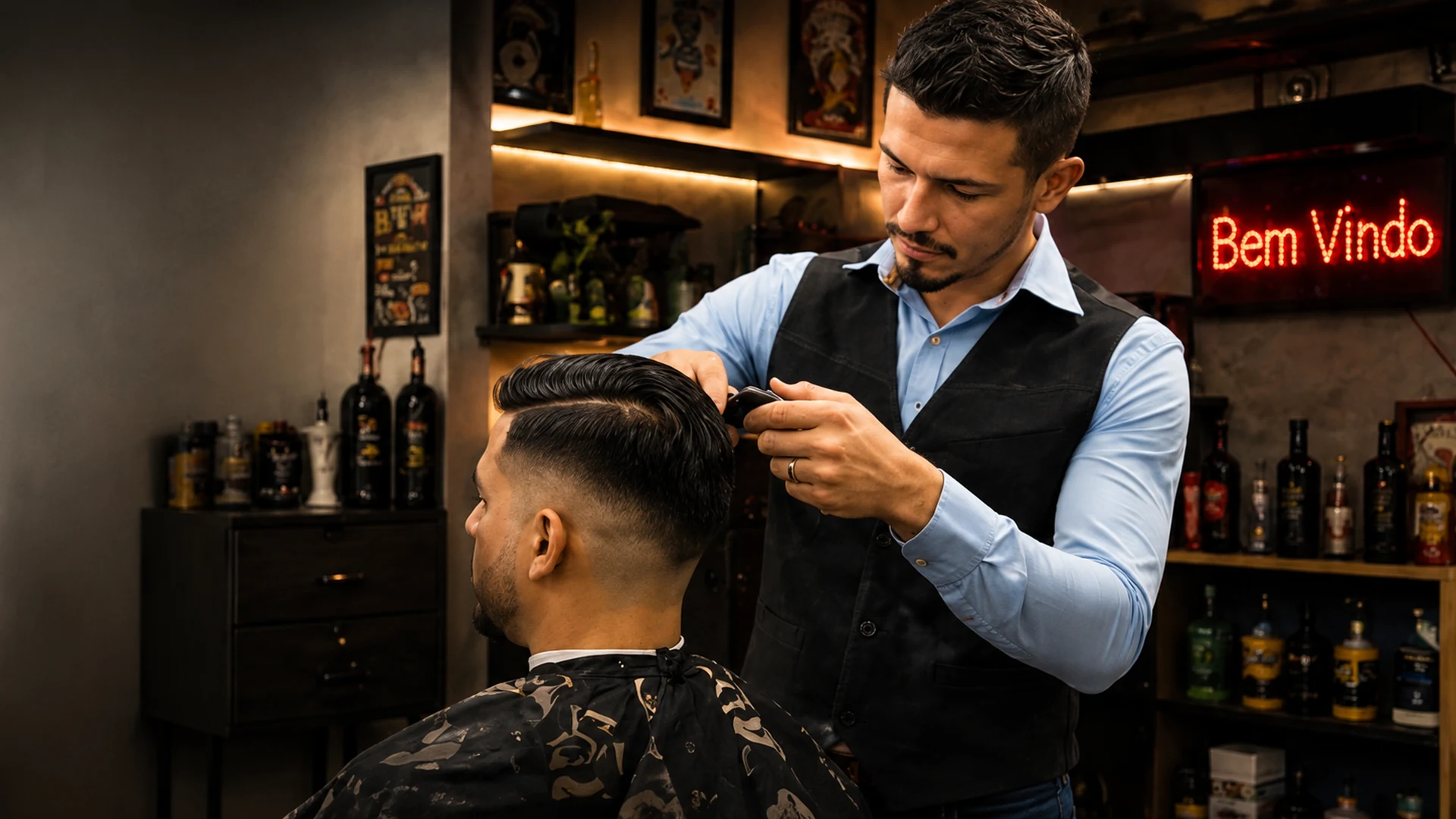 Marinho realizando um corte masculino na barbearia